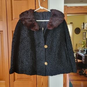 1950s Elegant Black Genuine Persian Lamb Fur Coat W Minx Fur Collar XL 16 18